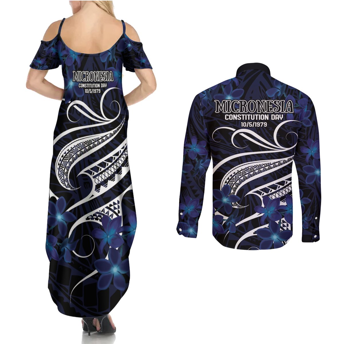 Micronesia Constitution Day Couples Matching Summer Maxi Dress and Long Sleeve Button Shirt Since 1979 with Polynesian Hibiscus Pattern