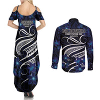 Micronesia Constitution Day Couples Matching Summer Maxi Dress and Long Sleeve Button Shirt Since 1979 with Polynesian Hibiscus Pattern