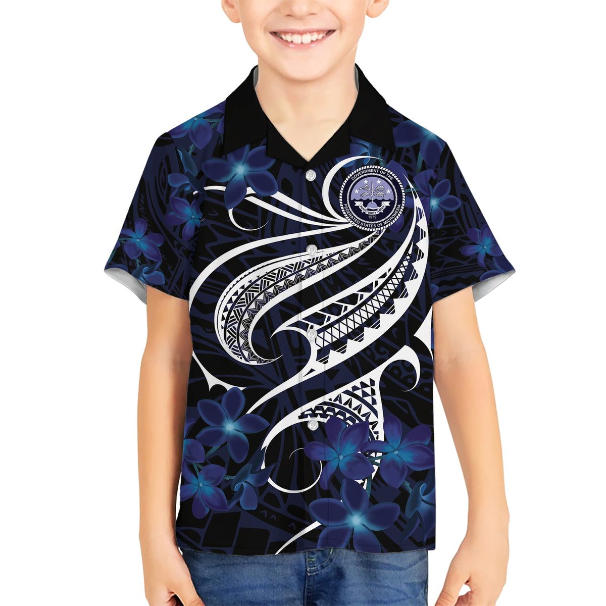 Micronesia Constitution Day Kid Hawaiian Shirt Since 1979 with Polynesian Hibiscus Pattern