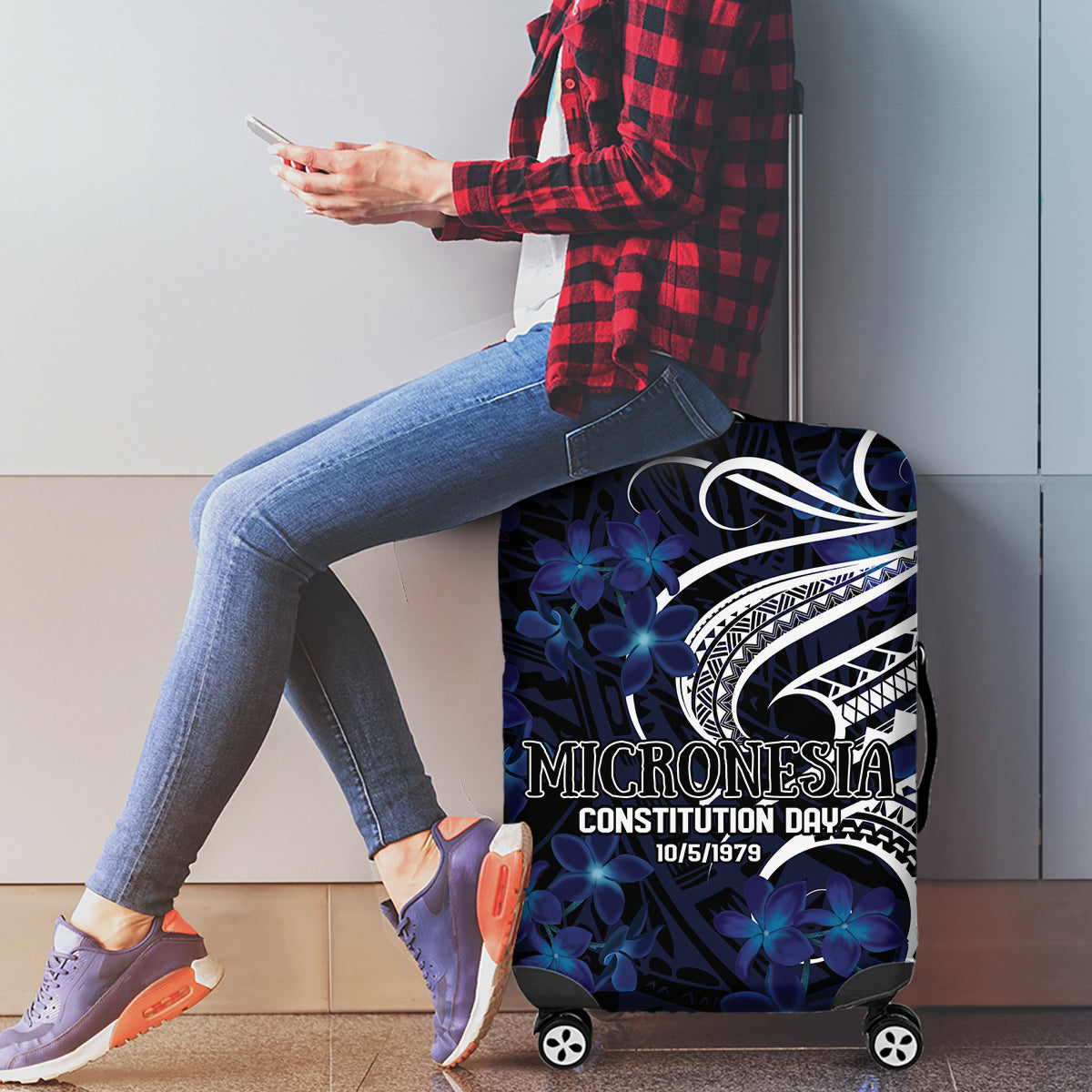 Micronesia Constitution Day Luggage Cover Since 1979 with Polynesian Hibiscus Pattern