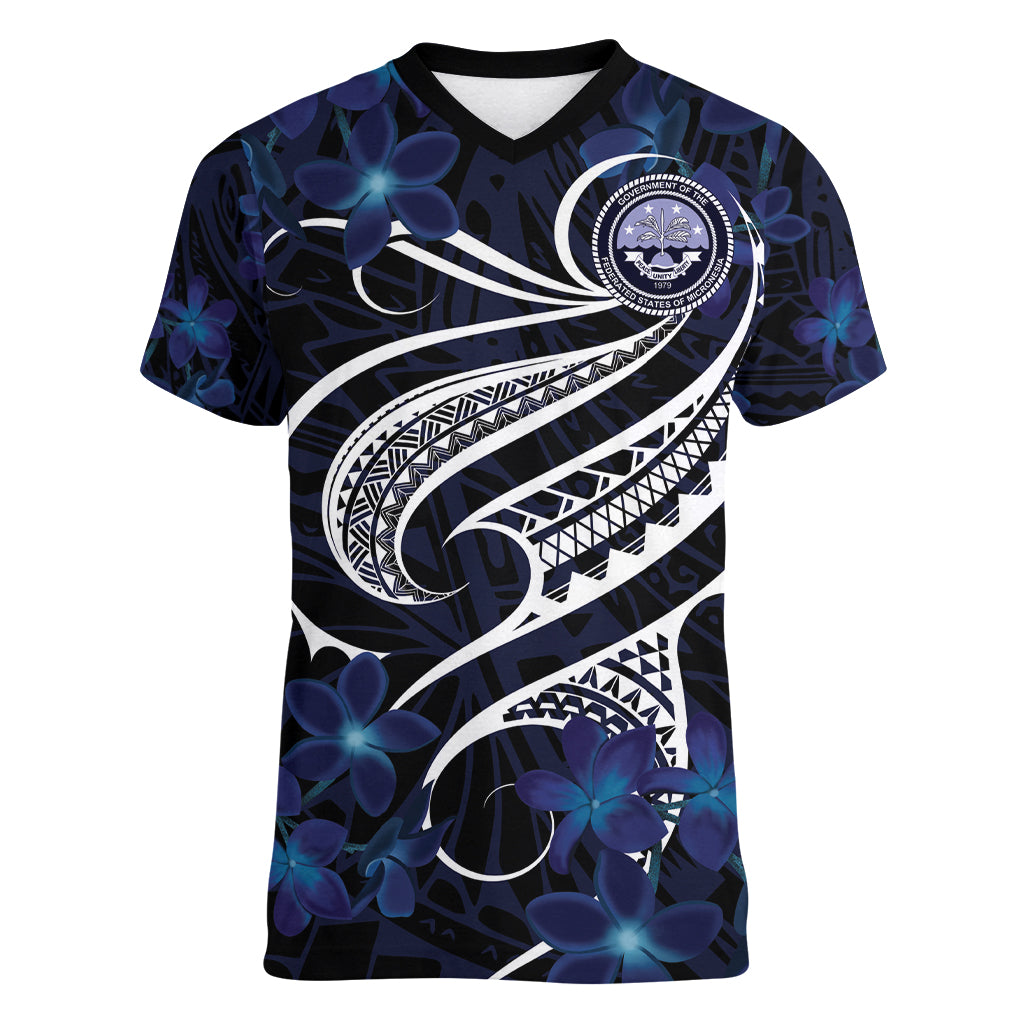 Micronesia Constitution Day Women V Neck T Shirt Since 1979 with Polynesian Hibiscus Pattern