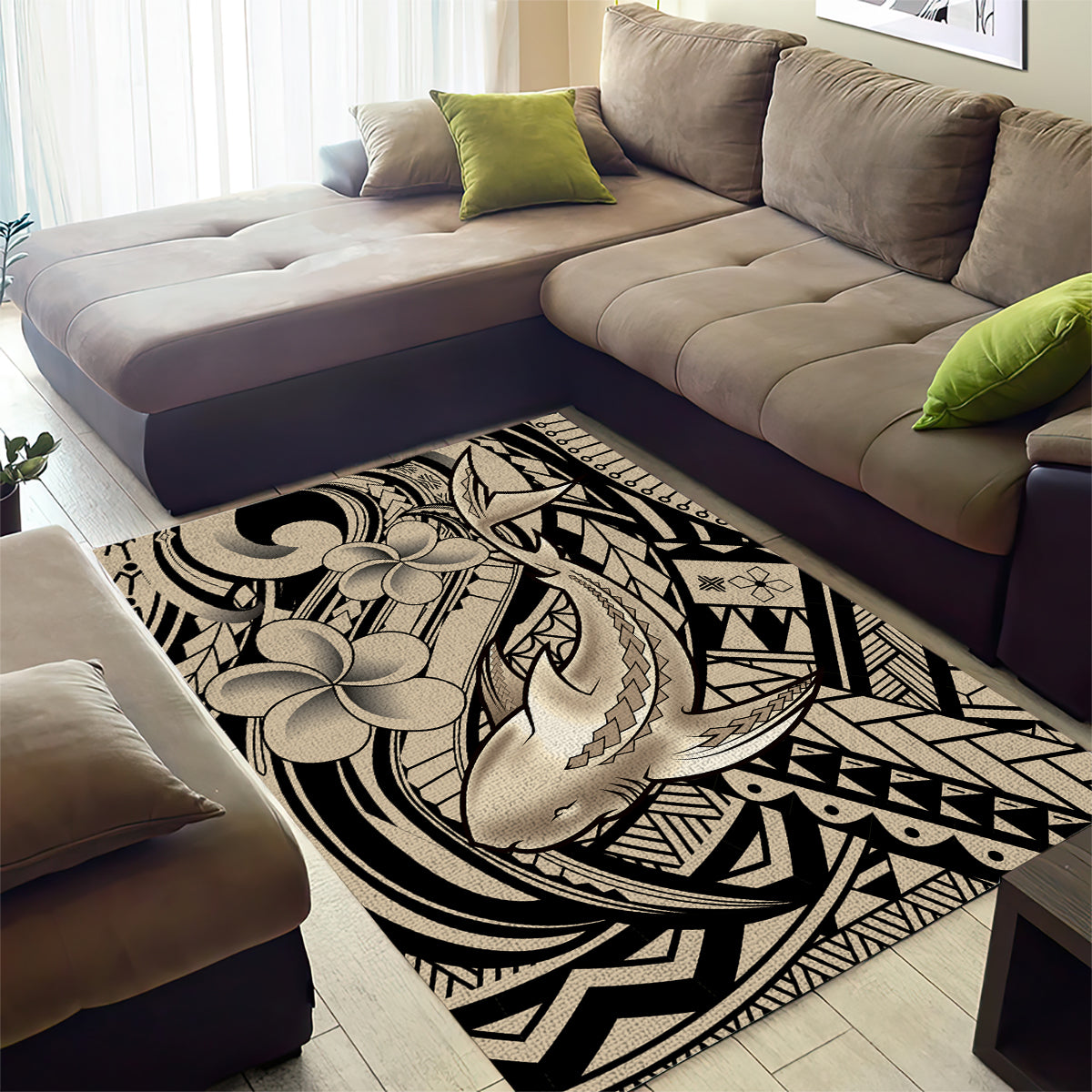 Polynesian Shark Tribal Tattoo Area Rug Beige Style