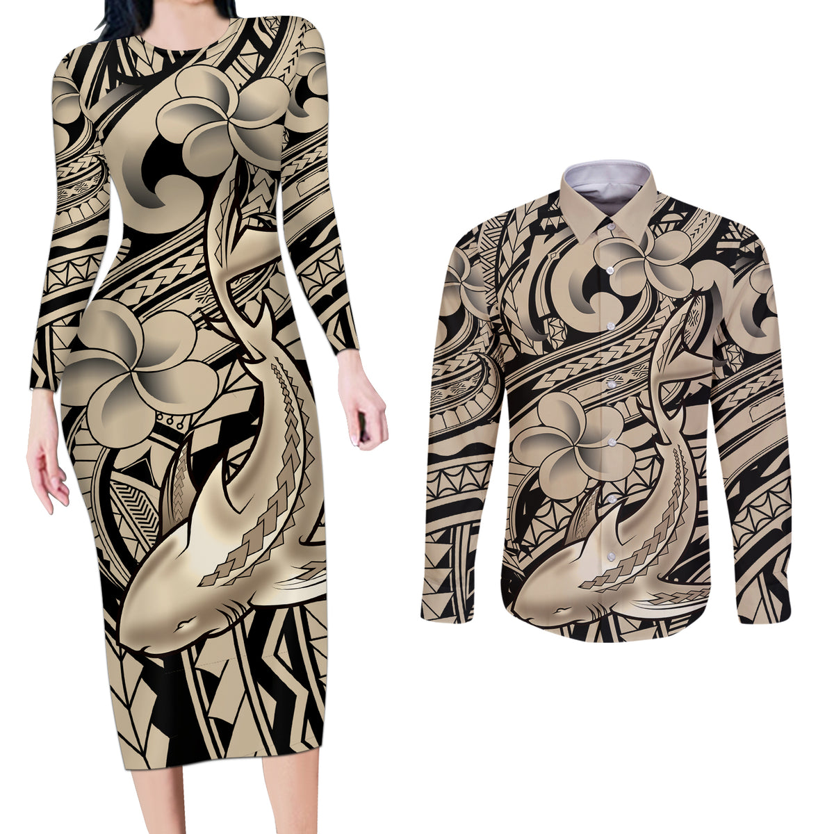 Polynesian Shark Tribal Tattoo Couples Matching Long Sleeve Bodycon Dress and Long Sleeve Button Shirt Beige Style LT9 Beige - Polynesian Pride