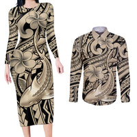 Polynesian Shark Tribal Tattoo Couples Matching Long Sleeve Bodycon Dress and Long Sleeve Button Shirt Beige Style LT9 Beige - Polynesian Pride