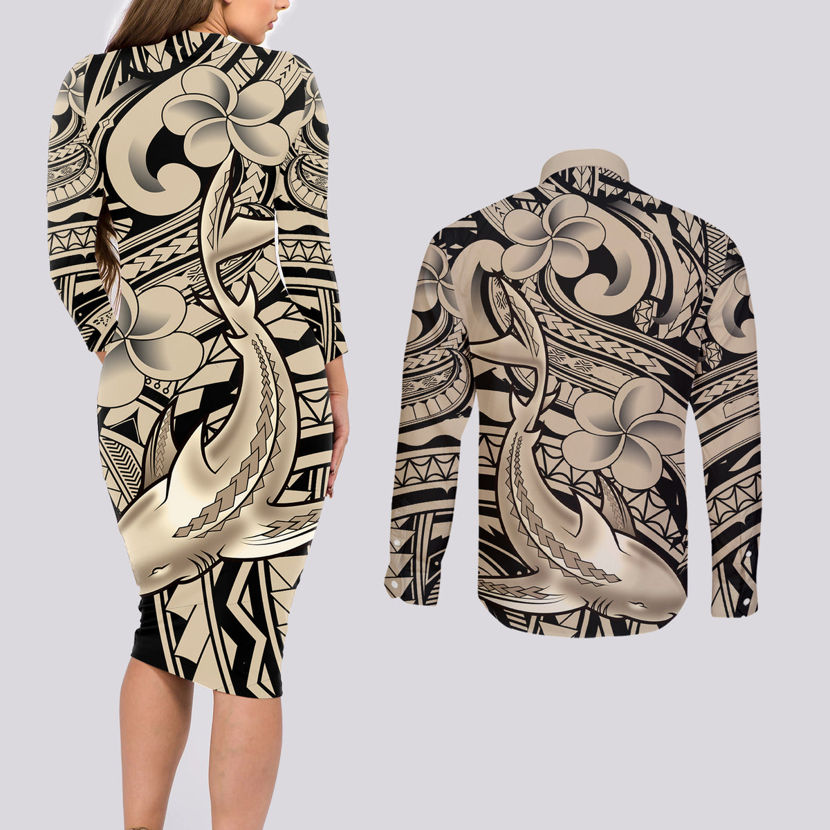 Polynesian Shark Tribal Tattoo Couples Matching Long Sleeve Bodycon Dress and Long Sleeve Button Shirt Beige Style LT9 - Polynesian Pride