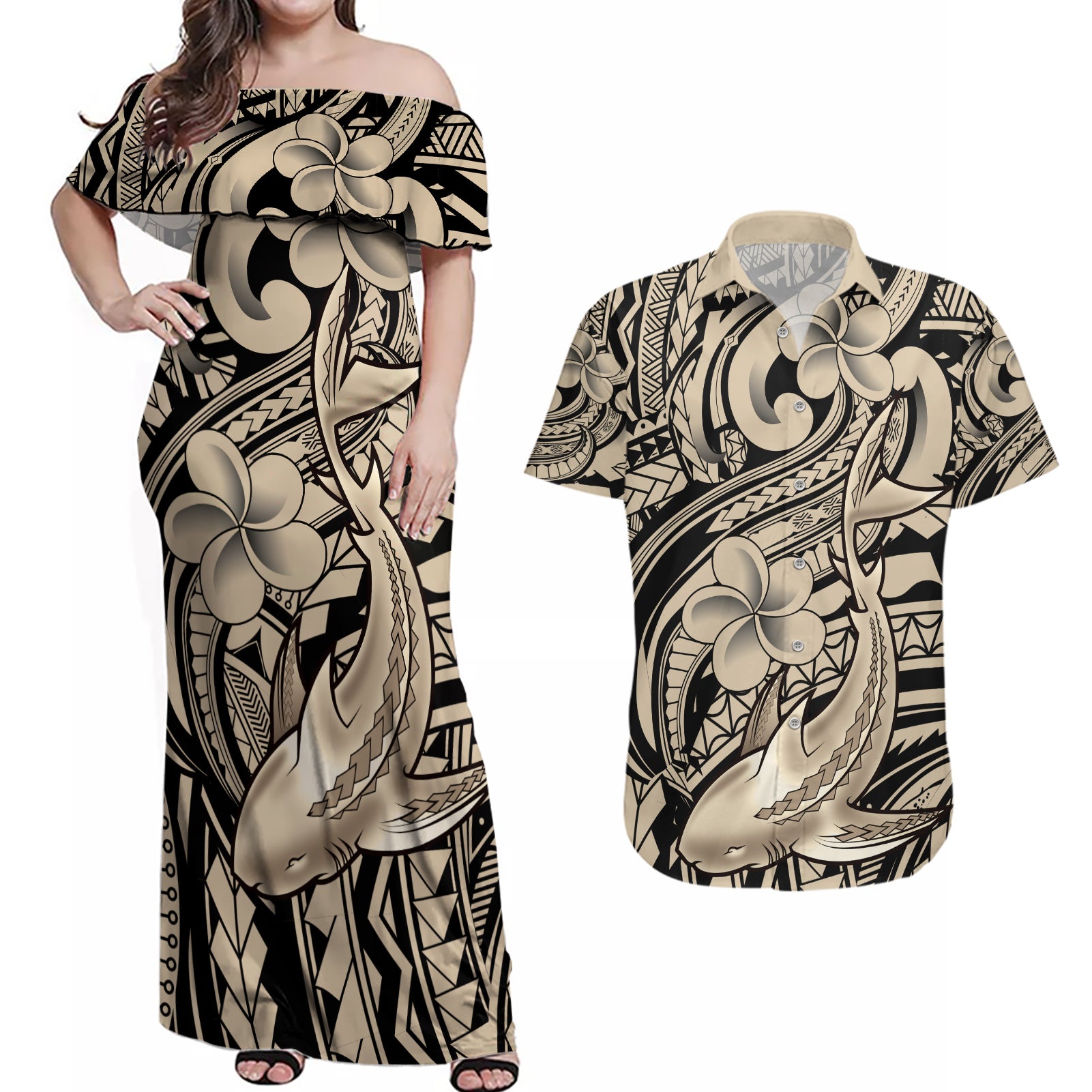 Polynesian Shark Tribal Tattoo Couples Matching Off Shoulder Maxi Dress and Hawaiian Shirt Beige Style