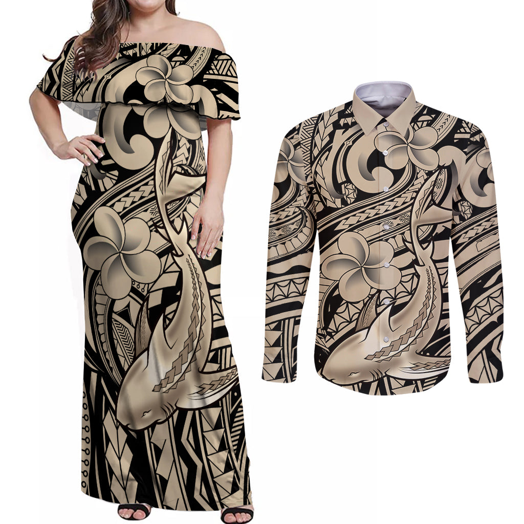 Polynesian Shark Tribal Tattoo Couples Matching Off Shoulder Maxi Dress and Long Sleeve Button Shirt Beige Style