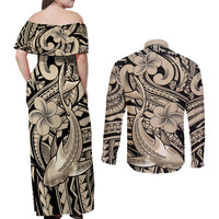 Polynesian Shark Tribal Tattoo Couples Matching Off Shoulder Maxi Dress and Long Sleeve Button Shirt Beige Style