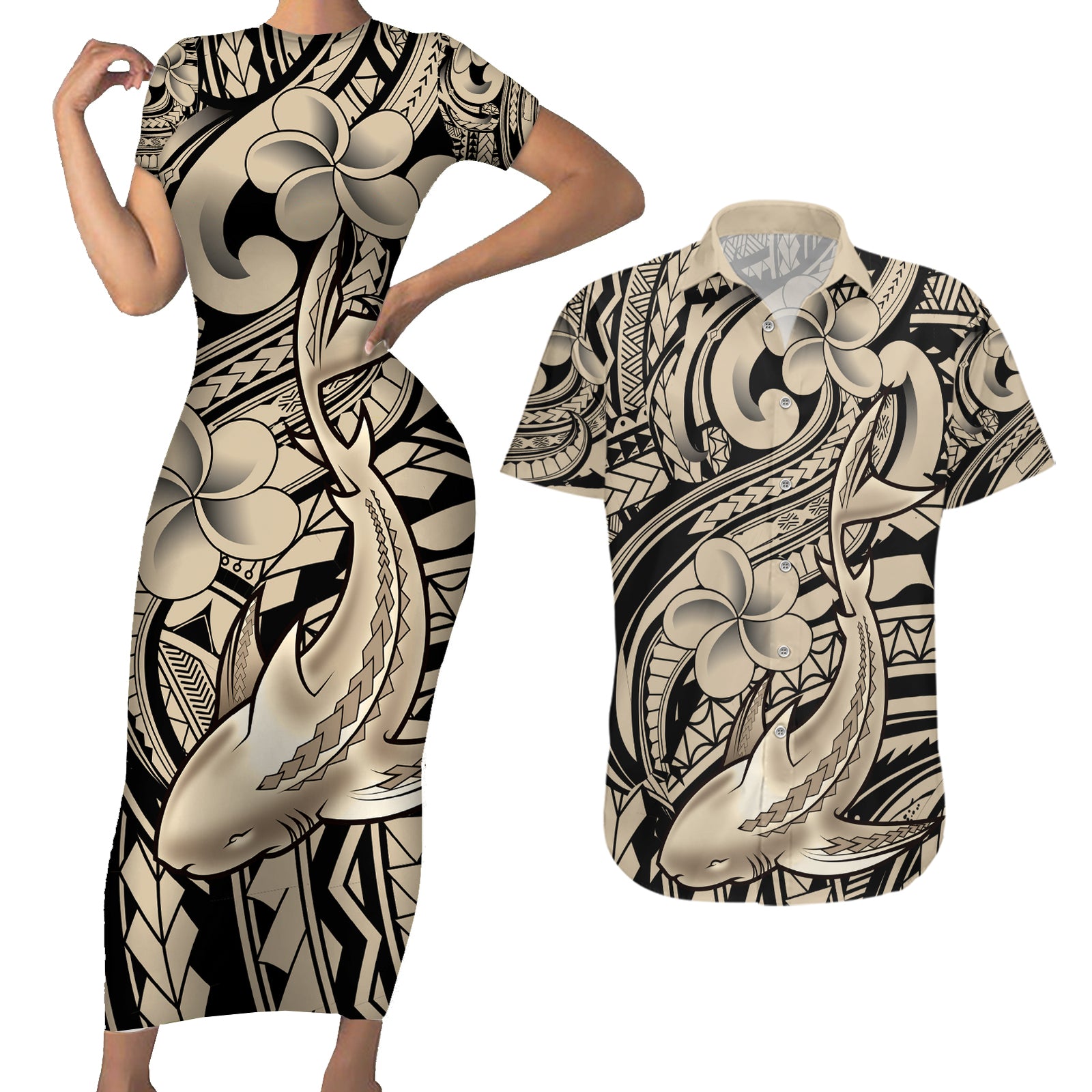 Polynesian Shark Tribal Tattoo Couples Matching Short Sleeve Bodycon Dress and Hawaiian Shirt Beige Style LT9 Beige - Polynesian Pride