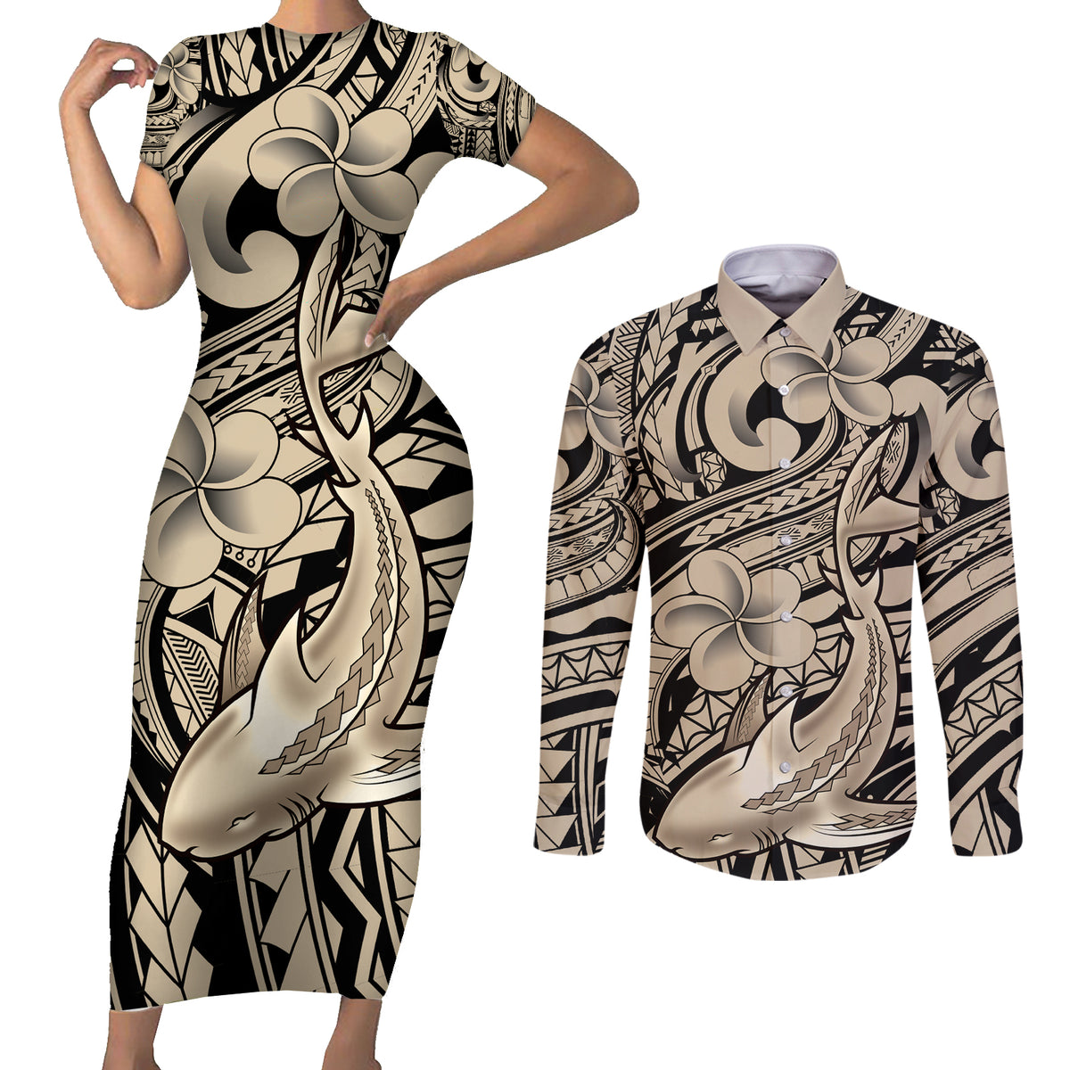 Polynesian Shark Tribal Tattoo Couples Matching Short Sleeve Bodycon Dress and Long Sleeve Button Shirt Beige Style LT9 Beige - Polynesian Pride