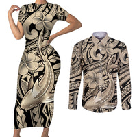 Polynesian Shark Tribal Tattoo Couples Matching Short Sleeve Bodycon Dress and Long Sleeve Button Shirt Beige Style LT9 Beige - Polynesian Pride