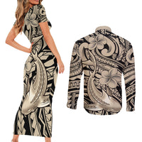 Polynesian Shark Tribal Tattoo Couples Matching Short Sleeve Bodycon Dress and Long Sleeve Button Shirt Beige Style LT9 - Polynesian Pride