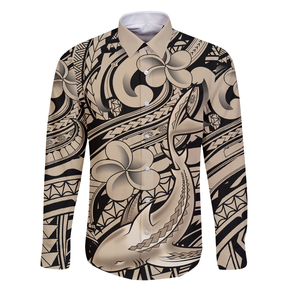 Polynesian Shark Tribal Tattoo Family Matching Long Sleeve Bodycon Dress and Hawaiian Shirt Beige Style LT9 Dad's Shirt - Long Sleeve Beige - Polynesian Pride