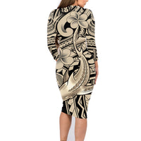 Polynesian Shark Tribal Tattoo Family Matching Long Sleeve Bodycon Dress and Hawaiian Shirt Beige Style LT9 - Polynesian Pride