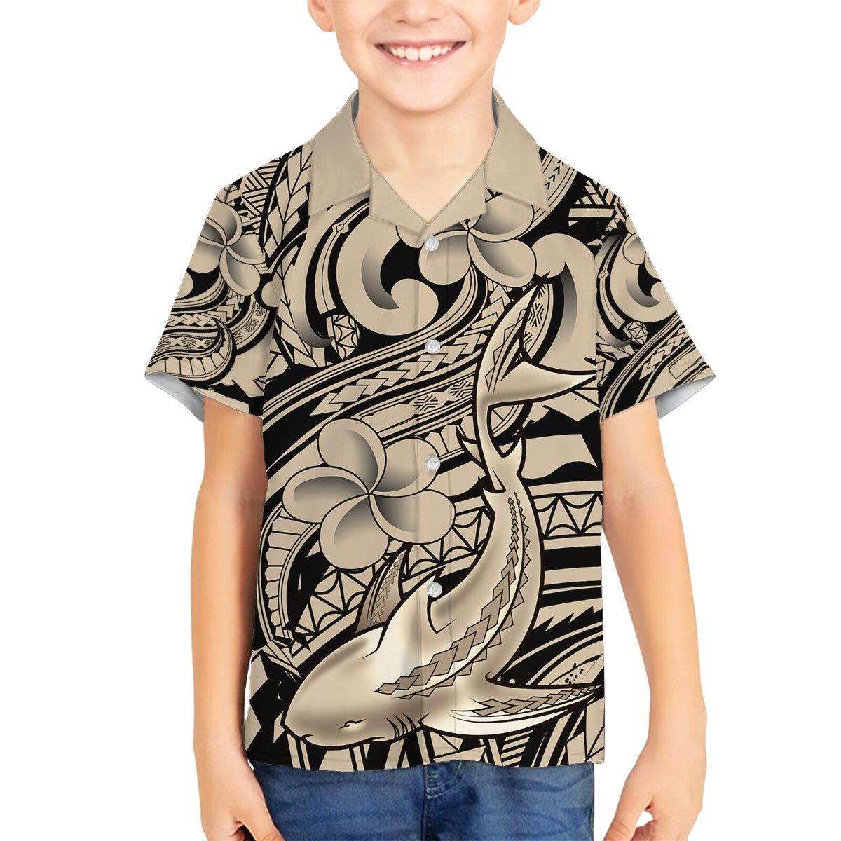Polynesian Shark Tribal Tattoo Family Matching Long Sleeve Bodycon Dress and Hawaiian Shirt Beige Style LT9 Son's Shirt Beige - Polynesian Pride
