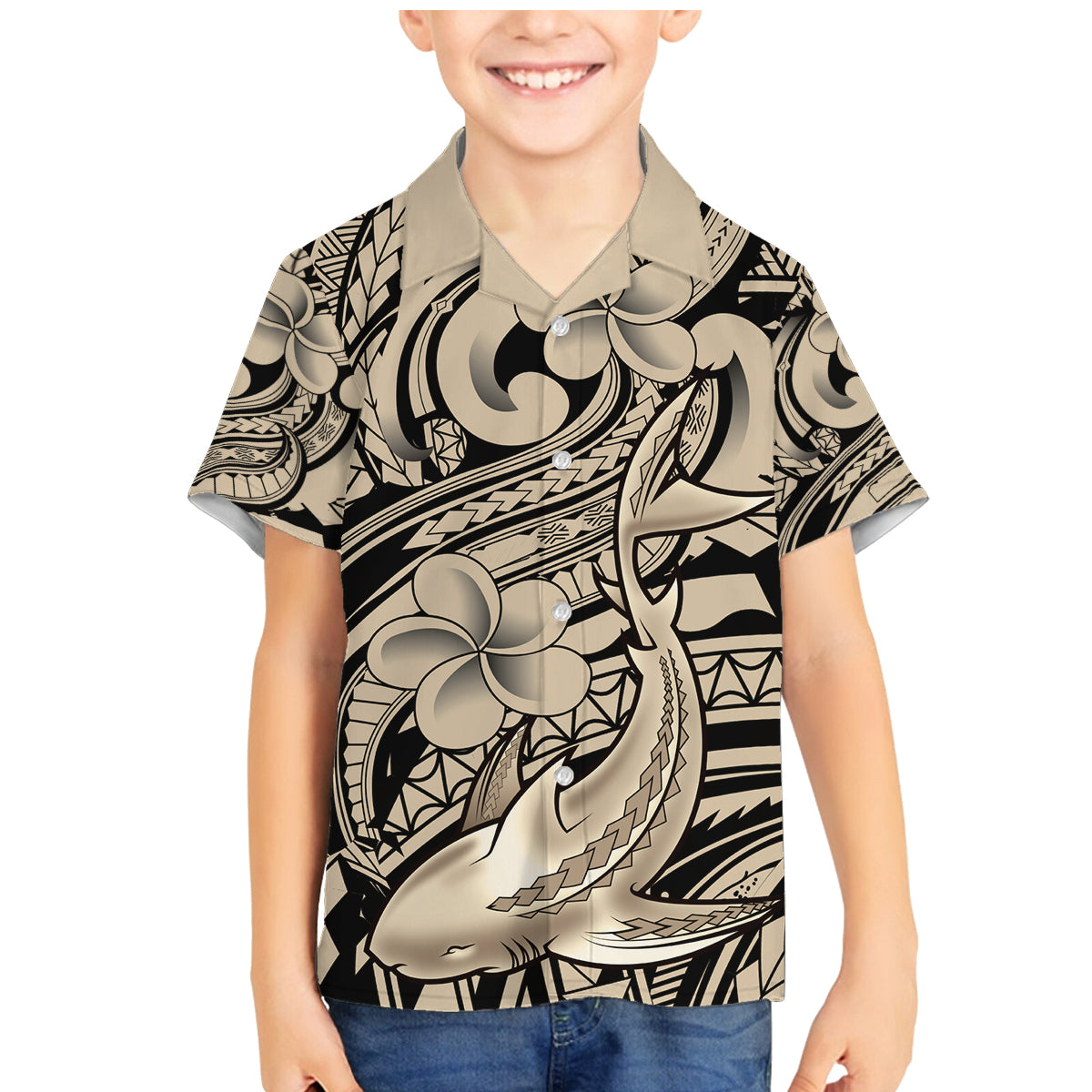 Polynesian Shark Tribal Tattoo Family Matching Mermaid Dress and Hawaiian Shirt Beige Style LT9 Son's Shirt Beige - Polynesian Pride