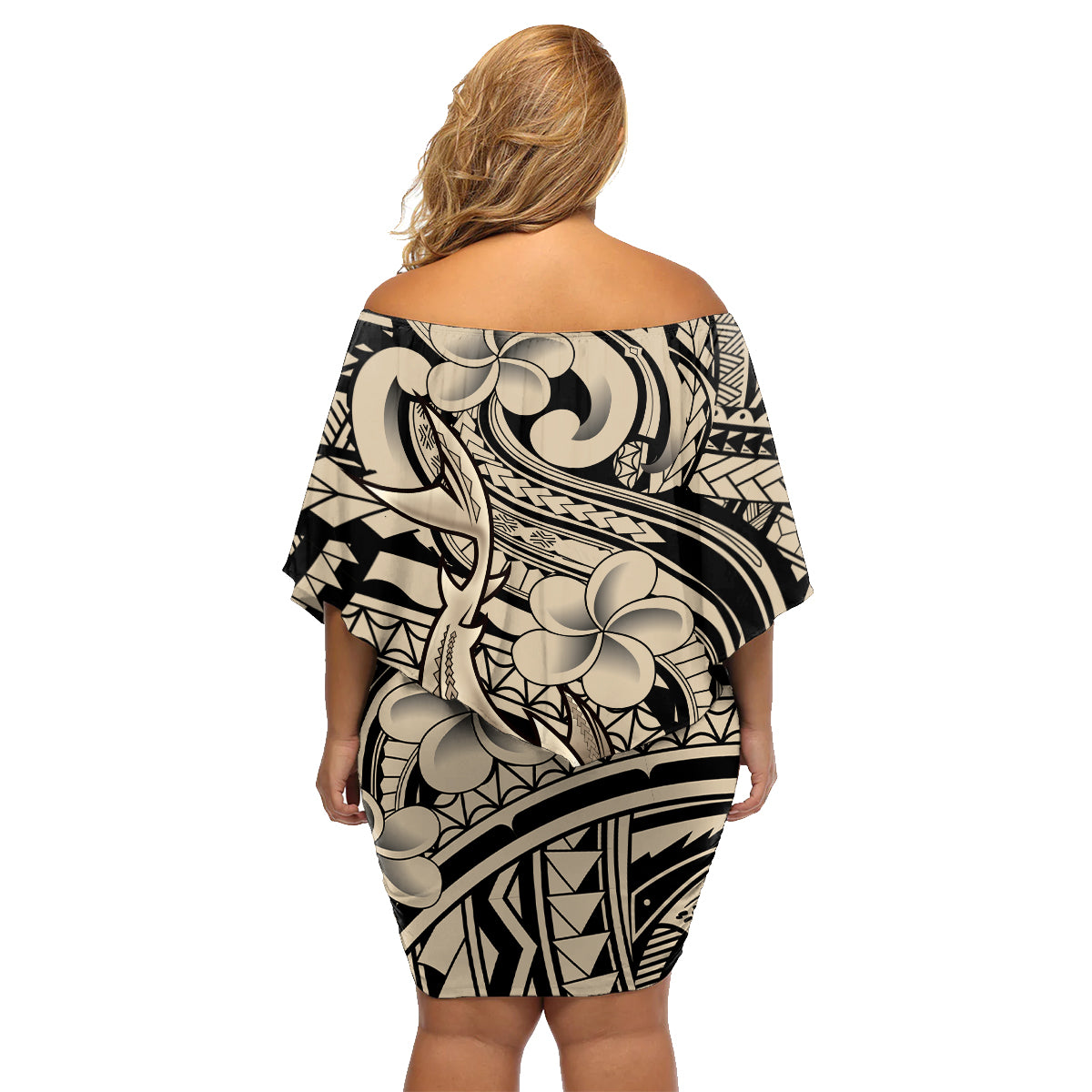 Polynesian Shark Tribal Tattoo Family Matching Off Shoulder Short Dress and Hawaiian Shirt Beige Style