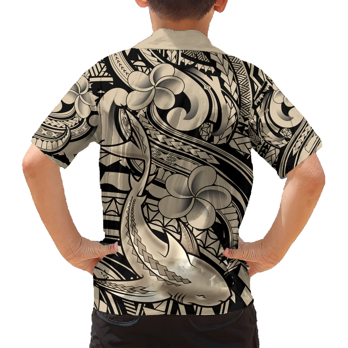 Polynesian Shark Tribal Tattoo Family Matching Short Sleeve Bodycon Dress and Hawaiian Shirt Beige Style LT9 - Polynesian Pride
