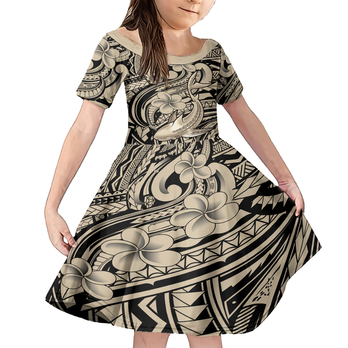 Polynesian Shark Tribal Tattoo Family Matching Short Sleeve Bodycon Dress and Hawaiian Shirt Beige Style LT9 Daughter's Dress Beige - Polynesian Pride