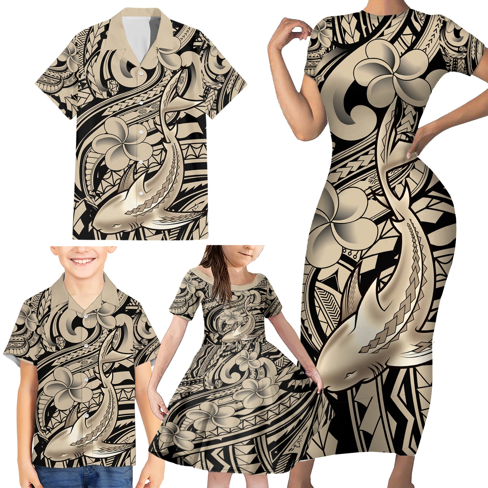 Polynesian Shark Tribal Tattoo Family Matching Short Sleeve Bodycon Dress and Hawaiian Shirt Beige Style LT9 - Polynesian Pride