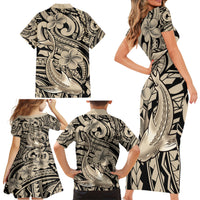 Polynesian Shark Tribal Tattoo Family Matching Short Sleeve Bodycon Dress and Hawaiian Shirt Beige Style LT9 - Polynesian Pride