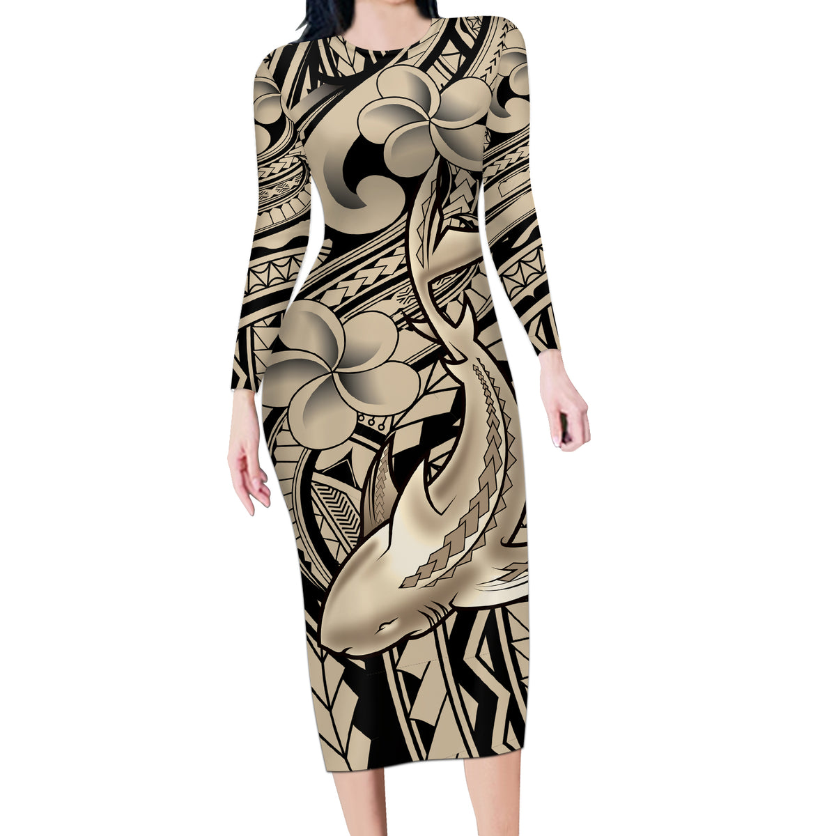 Polynesian Shark Tribal Tattoo Long Sleeve Bodycon Dress Beige Style LT9 Long Dress Beige - Polynesian Pride