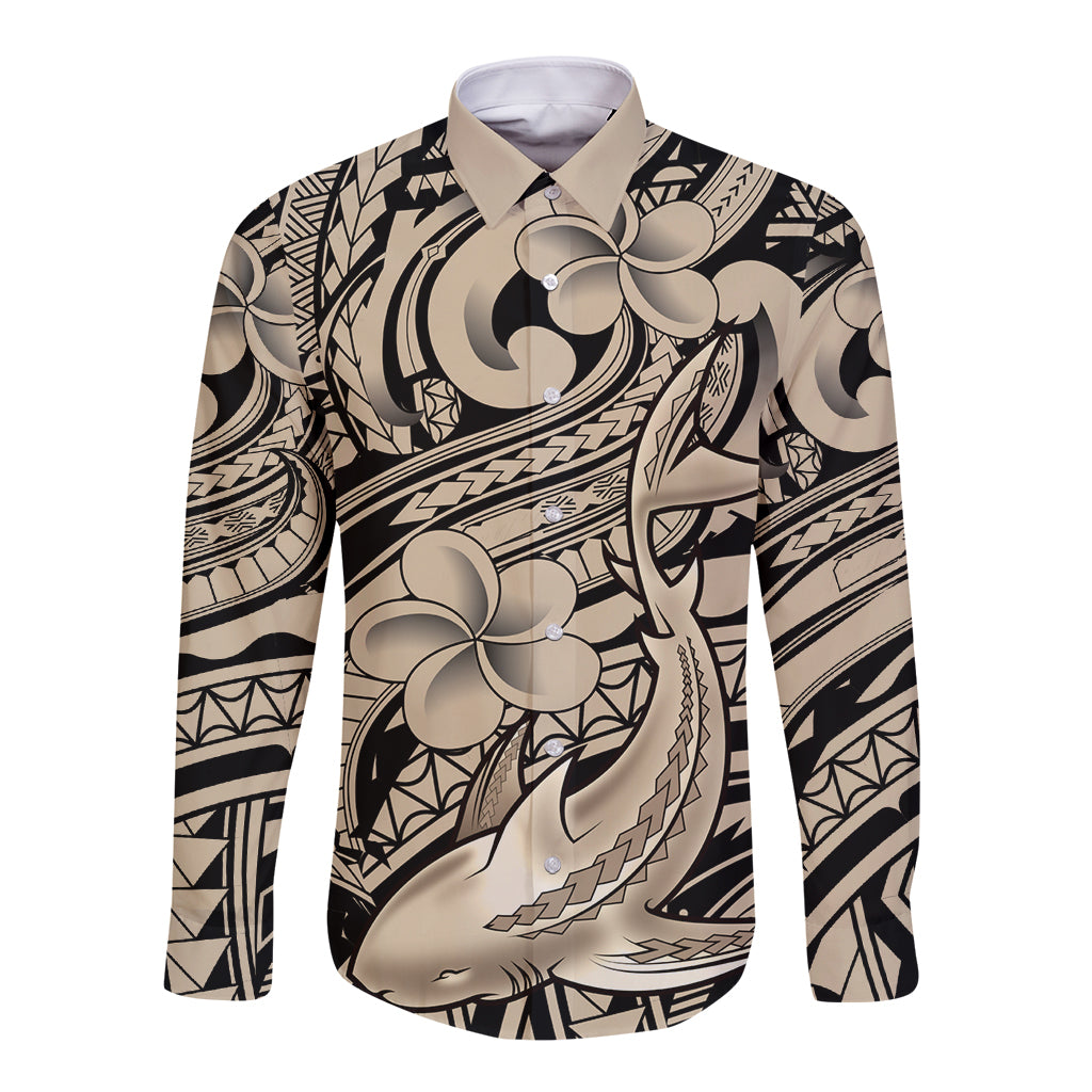 Polynesian Shark Tribal Tattoo Long Sleeve Button Shirt Beige Style