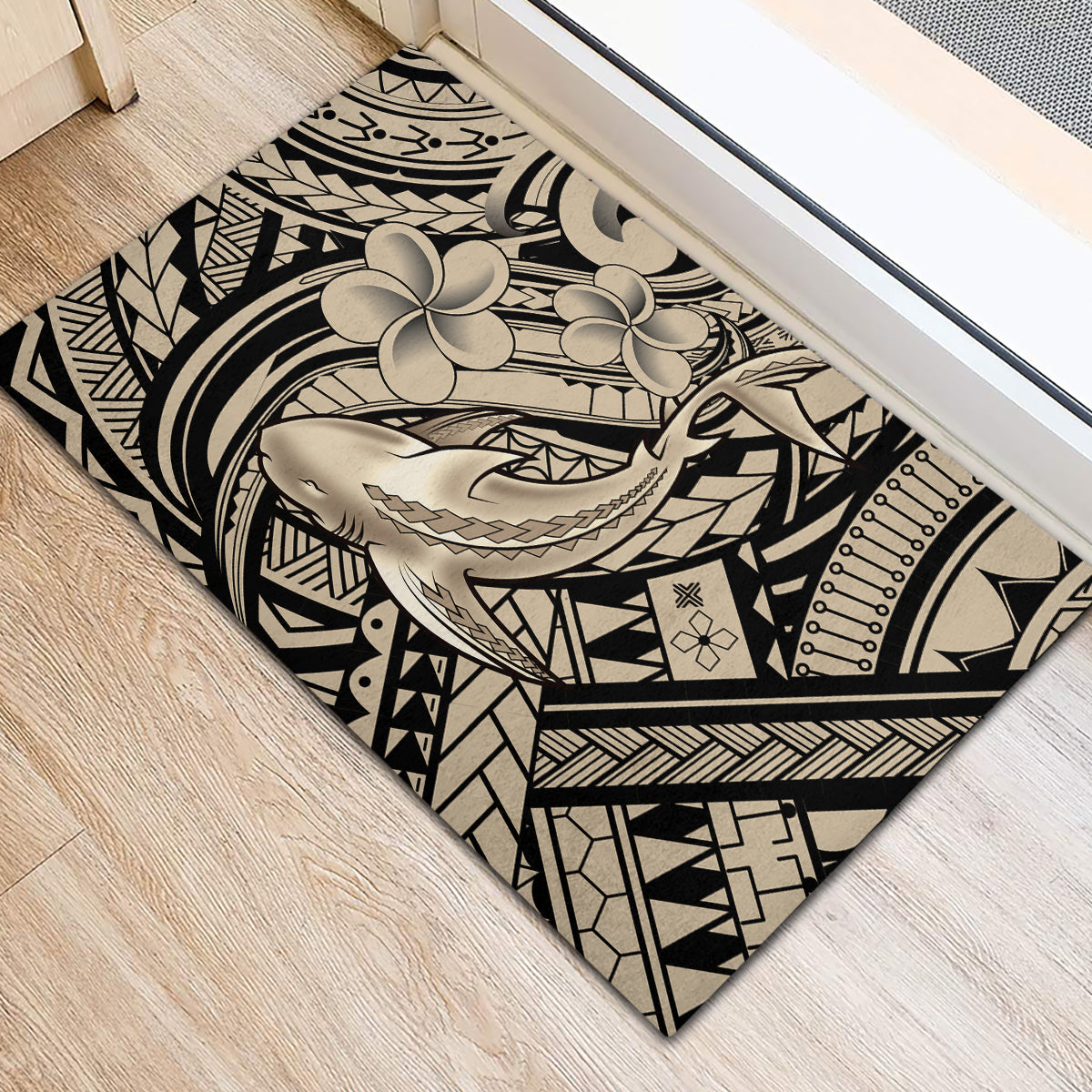 Polynesian Shark Tribal Tattoo Rubber Doormat Beige Style