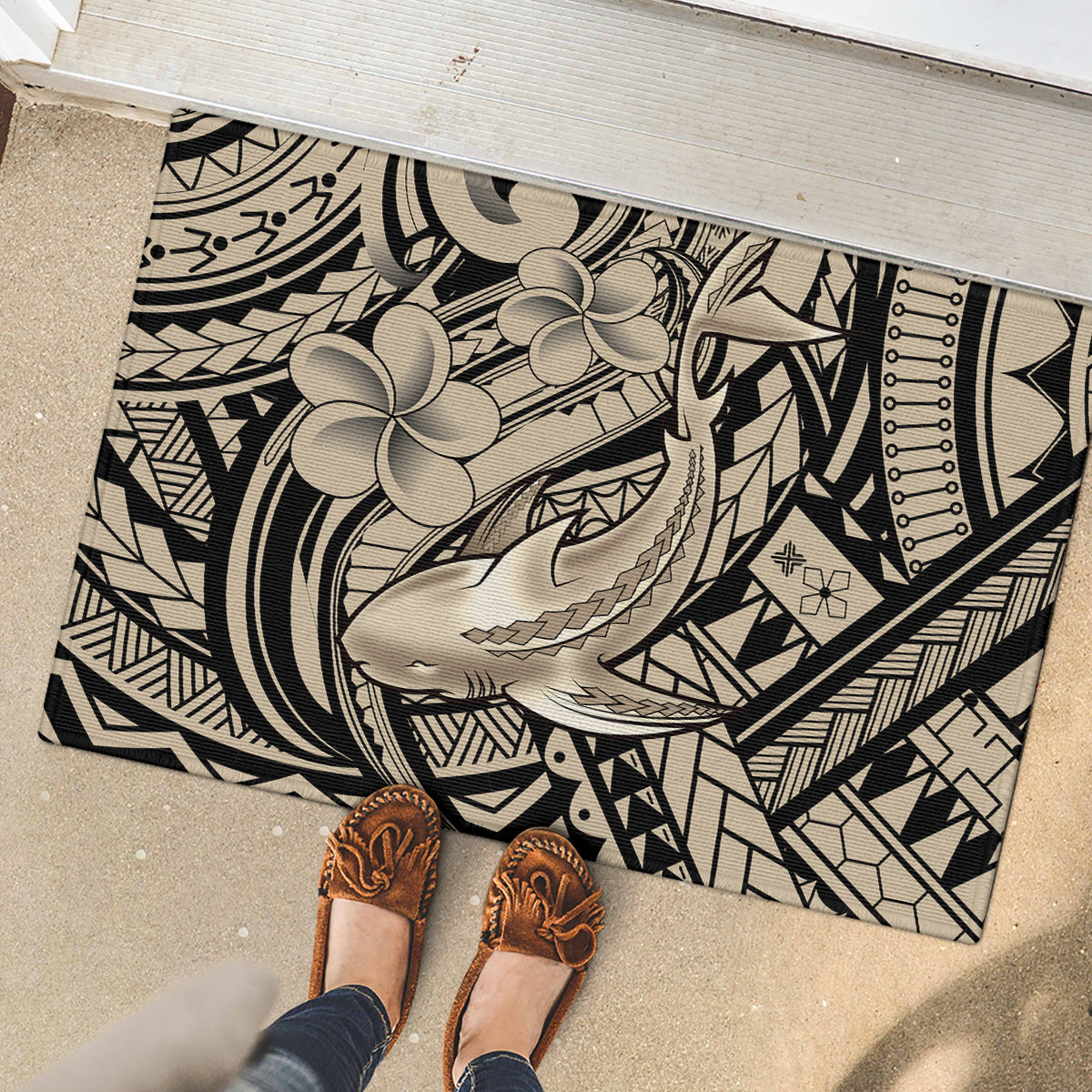 Polynesian Shark Tribal Tattoo Rubber Doormat Beige Style