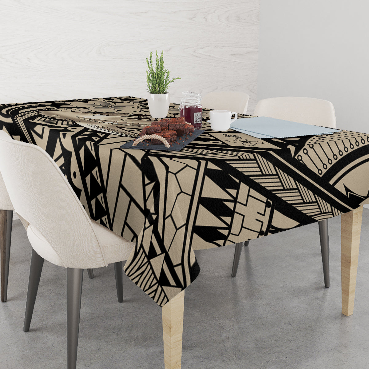 Polynesian Shark Tribal Tattoo Tablecloth Beige Style