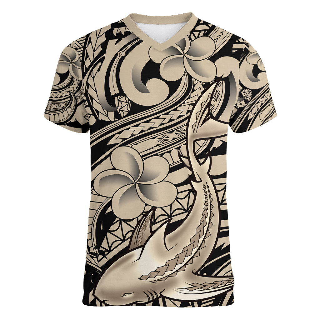 Polynesian Shark Tribal Tattoo Women V Neck T Shirt Beige Style