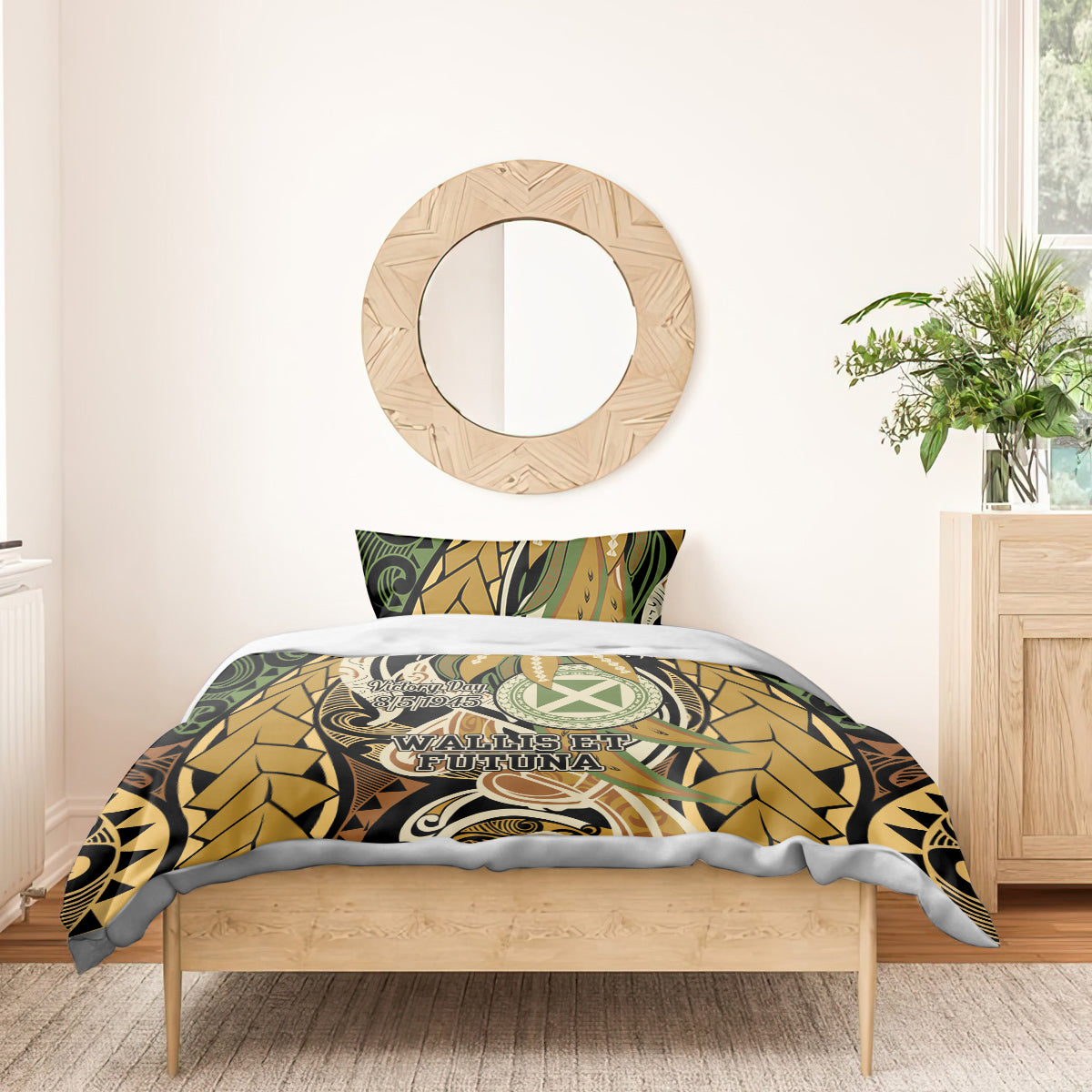 Wallis and Futuna Victory Day Bedding Set Since 1945 with Polynesian Platinum Floral Tribal