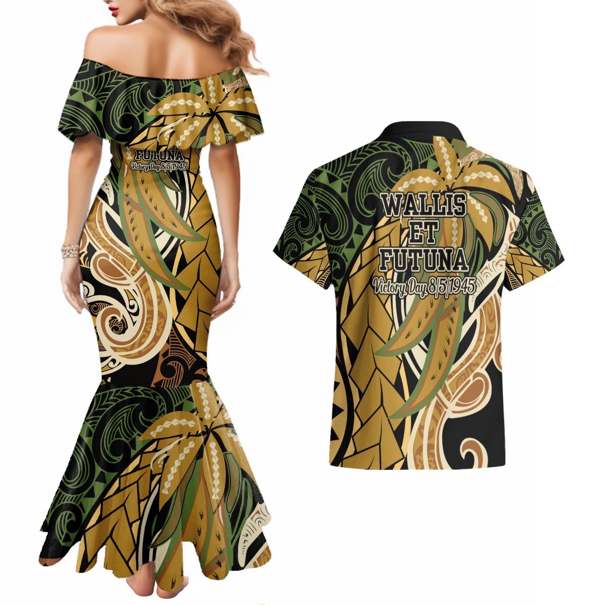 Wallis and Futuna Victory Day Couples Matching Mermaid Dress and Hawaiian Shirt Since 1945 with Polynesian Platinum Floral Tribal LT9 - Polynesian Pride