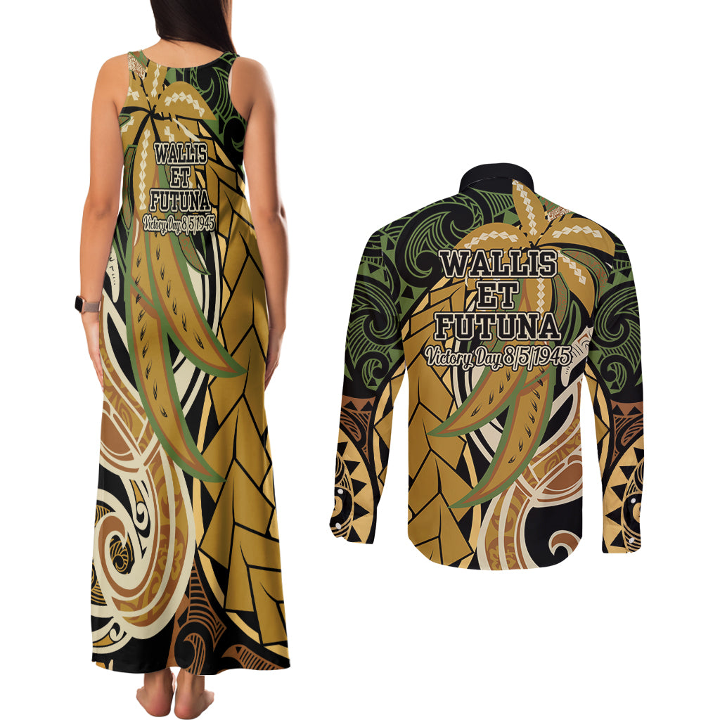Wallis and Futuna Victory Day Couples Matching Tank Maxi Dress and Long Sleeve Button Shirt Since 1945 with Polynesian Platinum Floral Tribal LT9 - Polynesian Pride