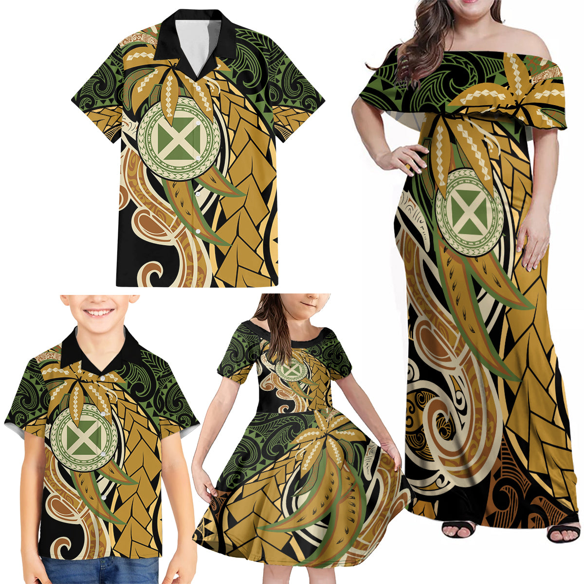 Wallis and Futuna Victory Day Family Matching Off Shoulder Maxi Dress and Hawaiian Shirt Since 1945 with Polynesian Platinum Floral Tribal