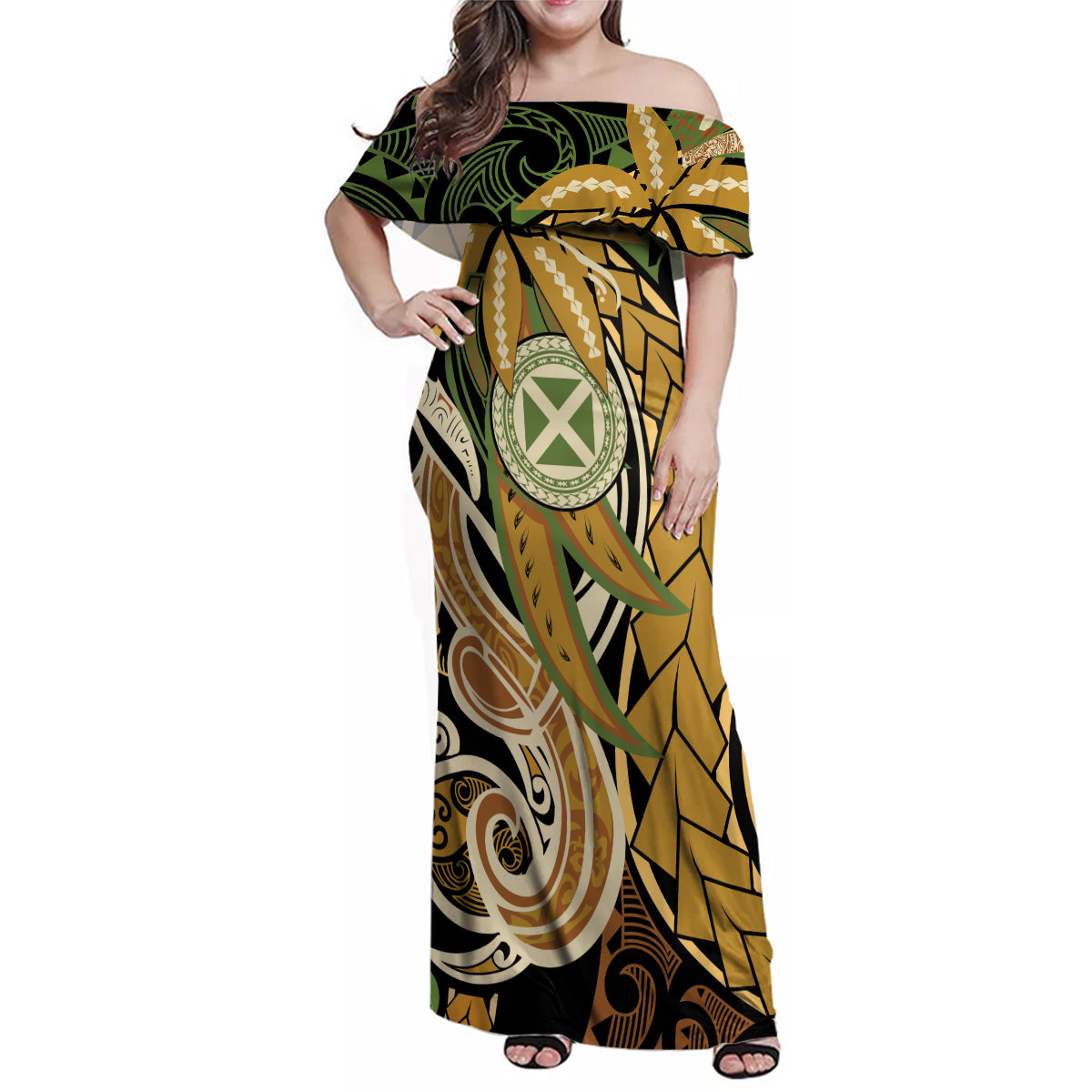 Wallis and Futuna Victory Day Family Matching Off Shoulder Maxi Dress and Hawaiian Shirt Since 1945 with Polynesian Platinum Floral Tribal