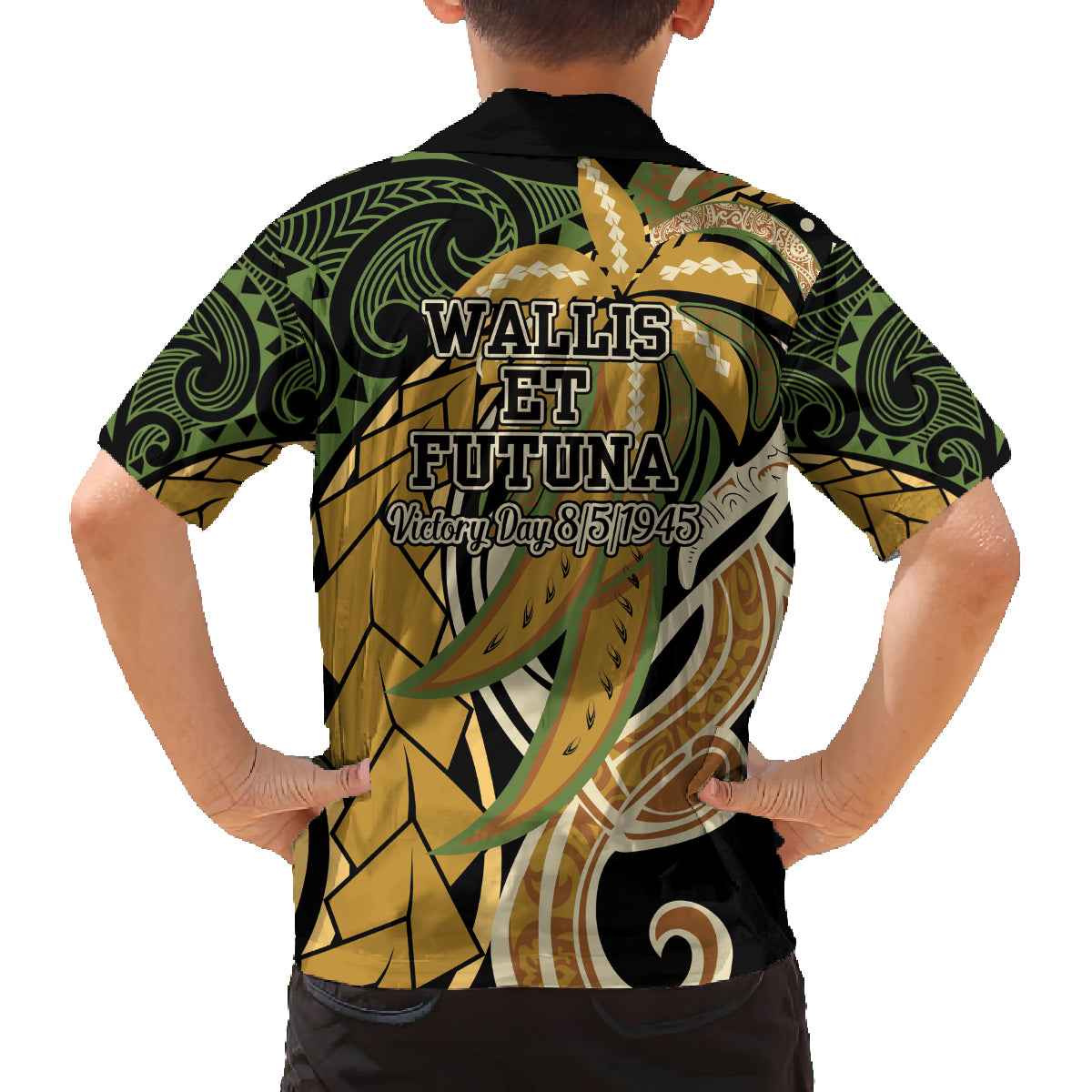 Wallis and Futuna Victory Day Family Matching Off Shoulder Short Dress and Hawaiian Shirt Since 1945 with Polynesian Platinum Floral Tribal LT9 - Polynesian Pride