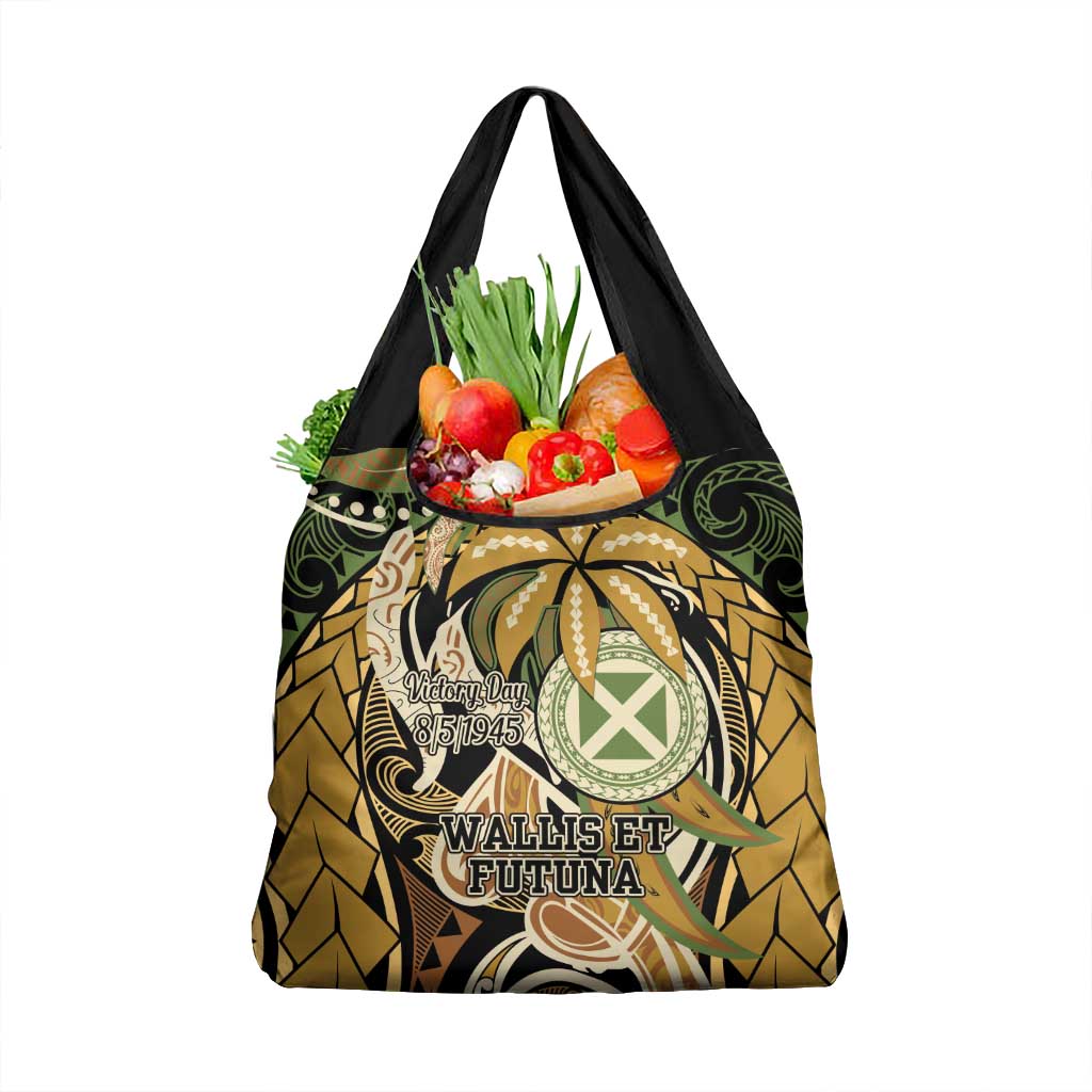 Wallis and Futuna Victory Day Grocery Bag Since 1945 with Polynesian Platinum Floral Tribal