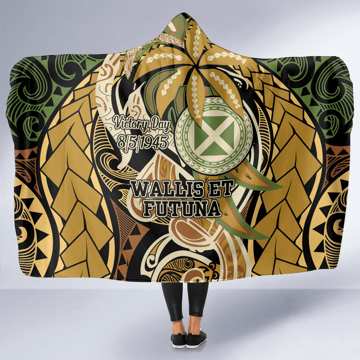 Wallis and Futuna Victory Day Hooded Blanket Since 1945 with Polynesian Platinum Floral Tribal