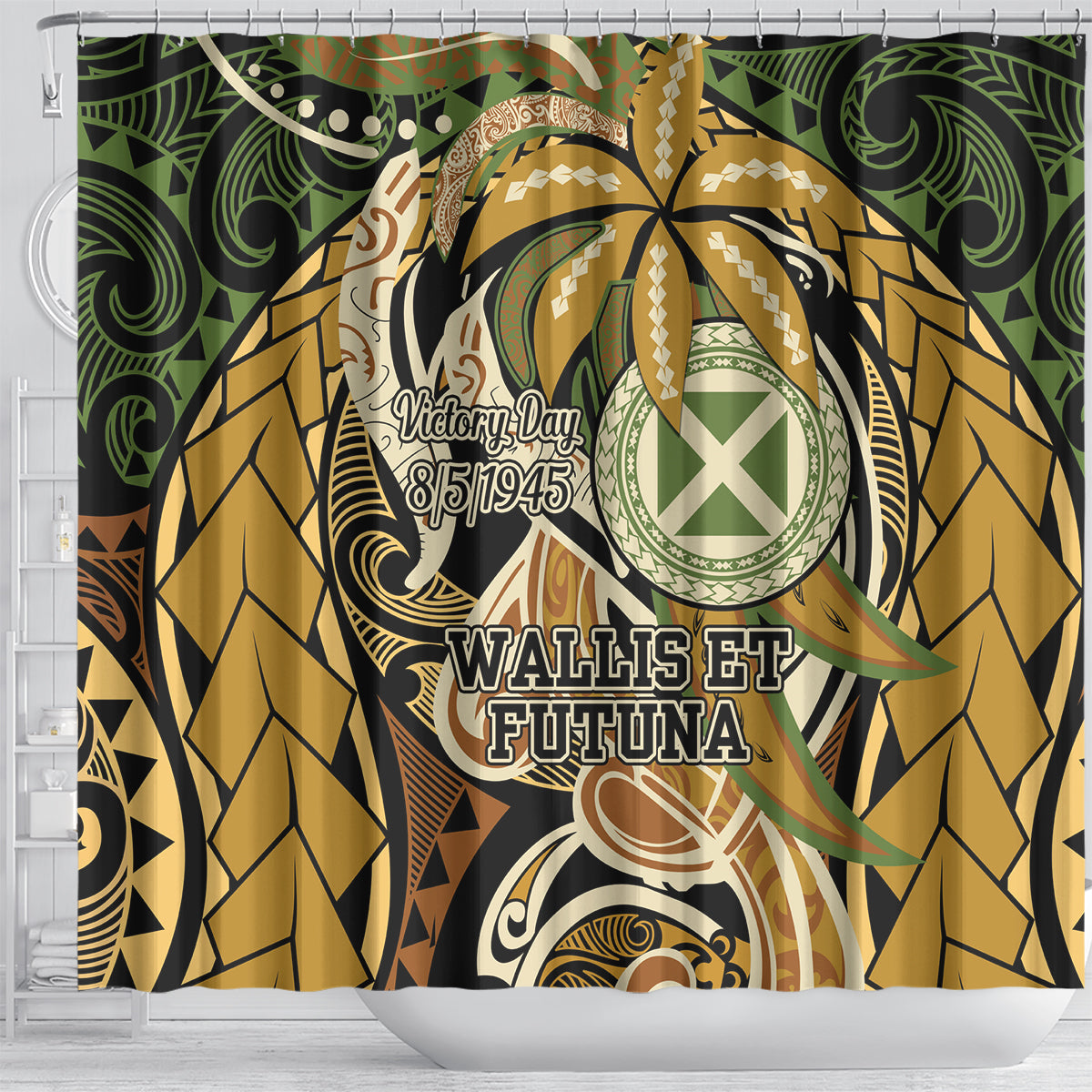Wallis and Futuna Victory Day Shower Curtain Since 1945 with Polynesian Platinum Floral Tribal