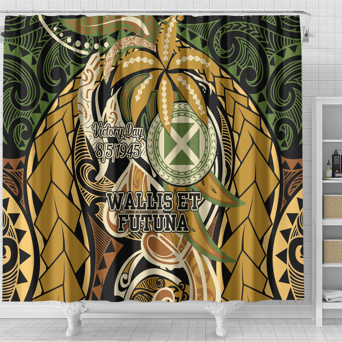 Wallis and Futuna Victory Day Shower Curtain Since 1945 with Polynesian Platinum Floral Tribal