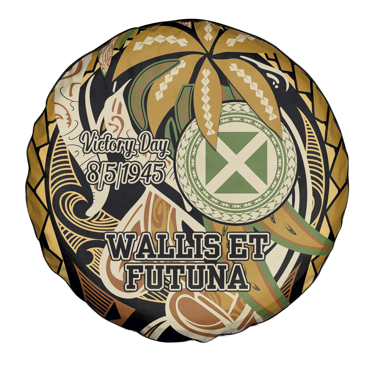 Wallis and Futuna Victory Day Spare Tire Cover Since 1945 with Polynesian Platinum Floral Tribal