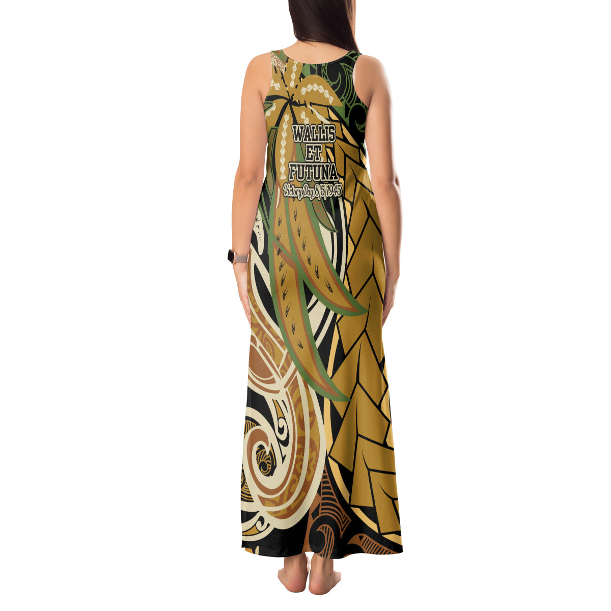 Wallis and Futuna Victory Day Tank Maxi Dress Since 1945 with Polynesian Platinum Floral Tribal