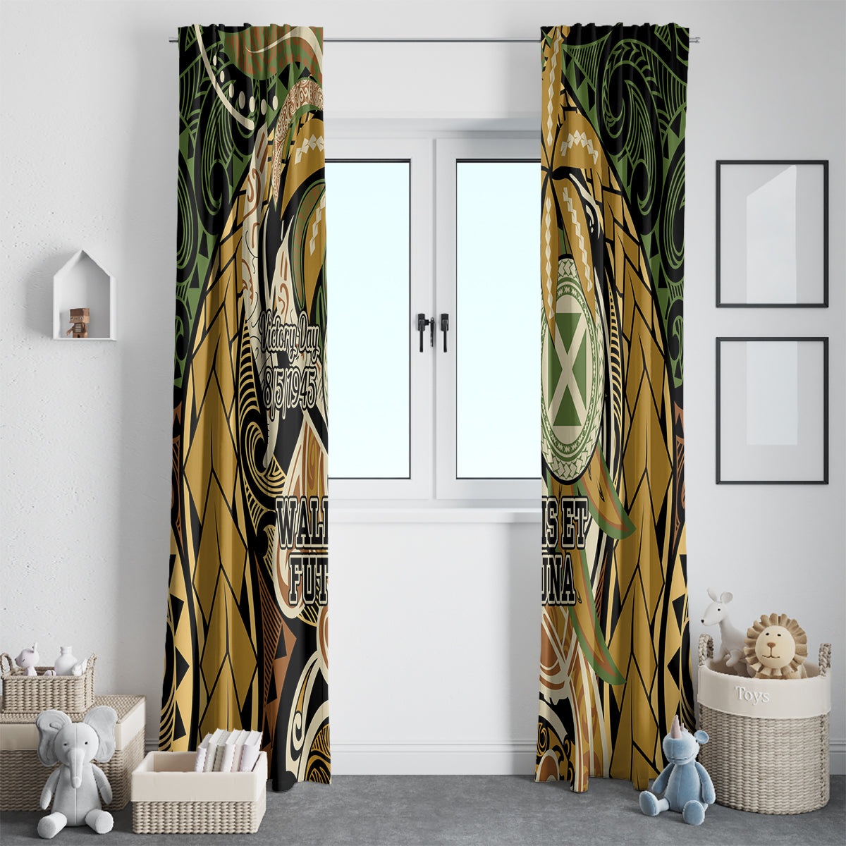 Wallis and Futuna Victory Day Window Curtain Since 1945 with Polynesian Platinum Floral Tribal