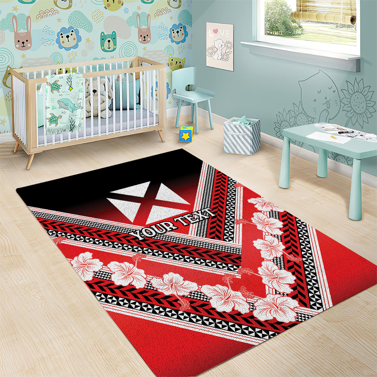 Personalised Wallis et Futuna Area Rug Hibiscus and Polynesian Tribal Tattoos