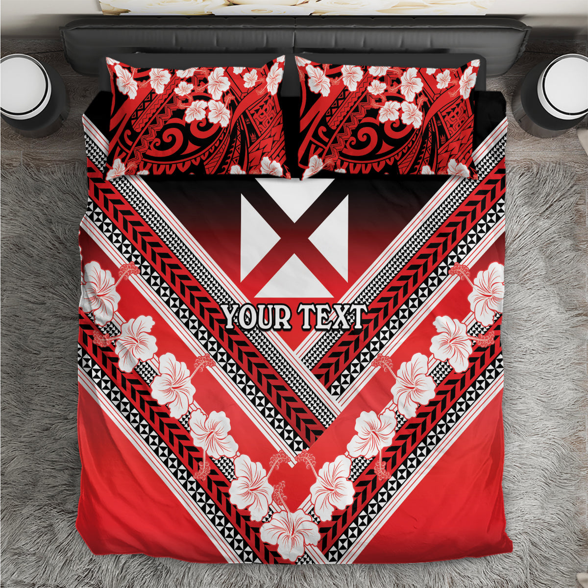 Personalised Wallis et Futuna Bedding Set Hibiscus and Polynesian Tribal Tattoos