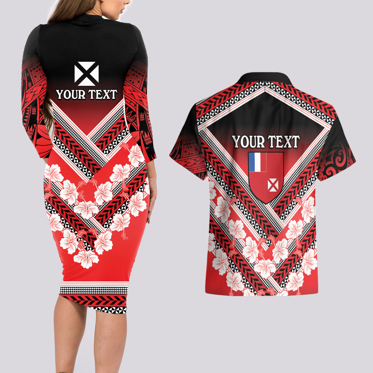 Personalised Wallis et Futuna Couples Matching Long Sleeve Bodycon Dress and Hawaiian Shirt Hibiscus and Polynesian Tribal Tattoos LT9 - Polynesian Pride
