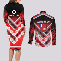 Personalised Wallis et Futuna Couples Matching Long Sleeve Bodycon Dress and Long Sleeve Button Shirt Hibiscus and Polynesian Tribal Tattoos LT9 - Polynesian Pride