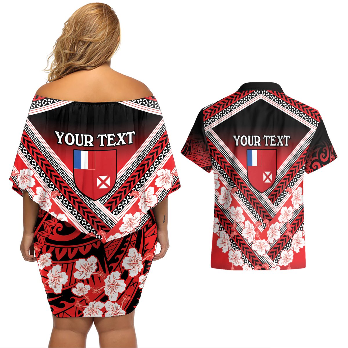 Personalised Wallis et Futuna Couples Matching Off Shoulder Short Dress and Hawaiian Shirt Hibiscus and Polynesian Tribal Tattoos LT9 - Polynesian Pride
