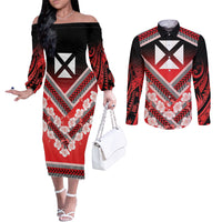 Personalised Wallis et Futuna Couples Matching Off The Shoulder Long Sleeve Dress and Long Sleeve Button Shirt Hibiscus and Polynesian Tribal Tattoos LT9 Red - Polynesian Pride